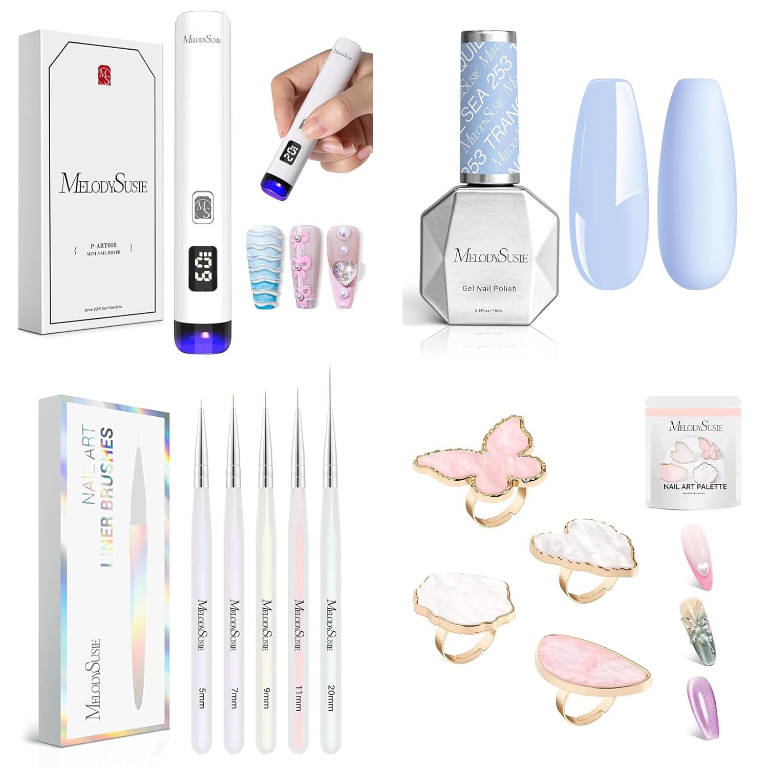 Melodysusie Handheld UV Light and Nail Art Palette and Gel Nail Polish and Nail Art Liner Brushes