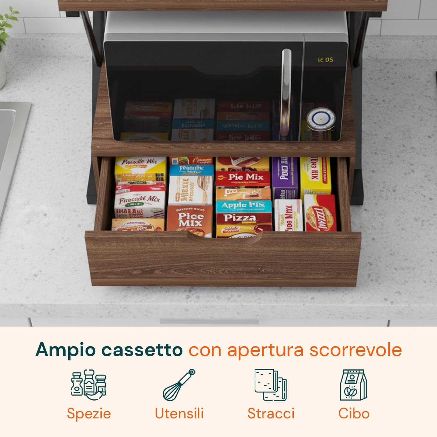 Modern Microwave Kitchen Cabinet with Space-Saving Drawer and Shelf in Wood and Steel for Microwave Oven Air Fryer and Kitchen Shelf