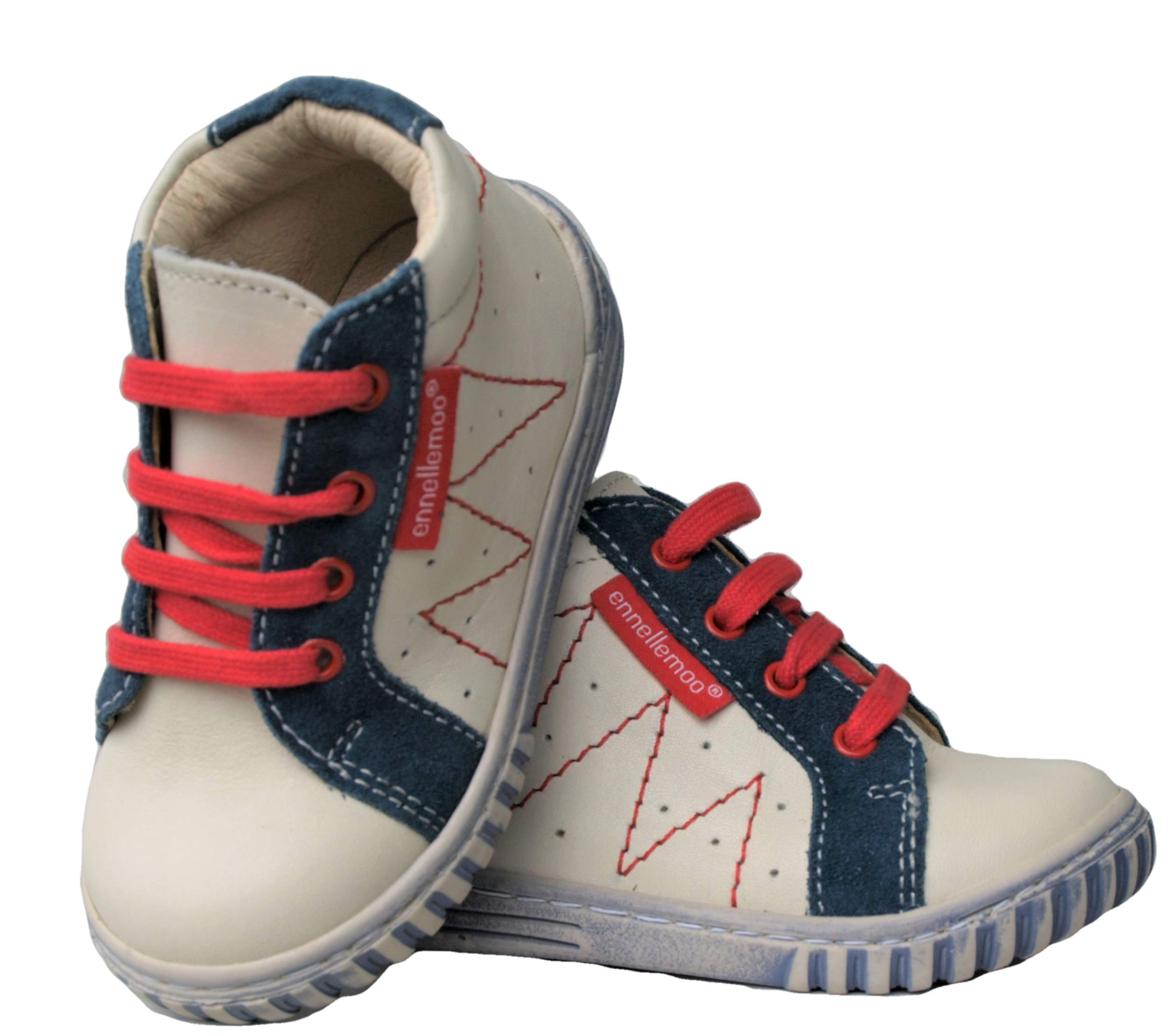 ennellemoo® - Scarpe da corsa unisex per bambini, in vera pelle, con lacci, grigio, giallo, rosso, 23 EU