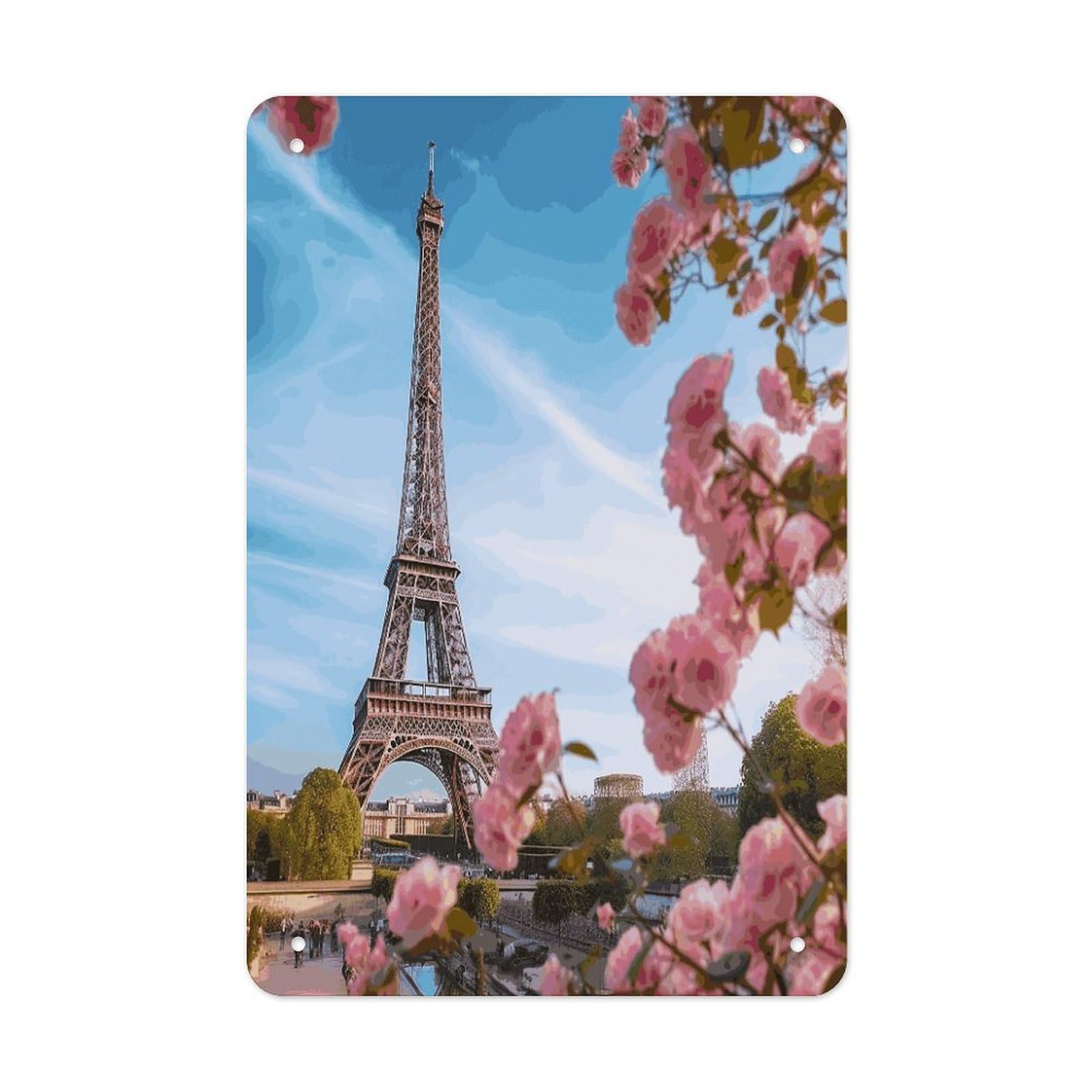 LDGSUPH Paris Eiffel Tower with Flowers Wall Art Prints Folded Edge Iron Sheet Painting with Holes for Wall Prints Decorative Picture Metal Signboard Decor Painting for Outdoor Indoor Wall Decor