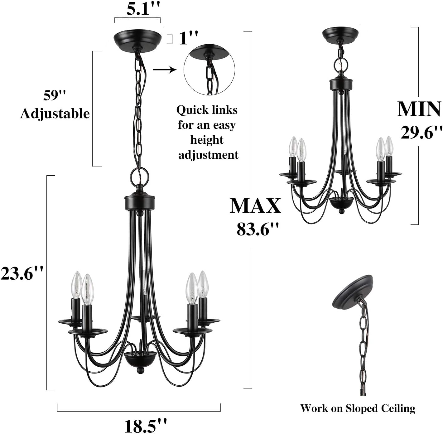 Black Farmhouse Chandelier Rustic Pendant Lighting, Small 5-Light Fixture with 2-Layer Arms for Dining Room, Bedroom, Living Room and Foyer