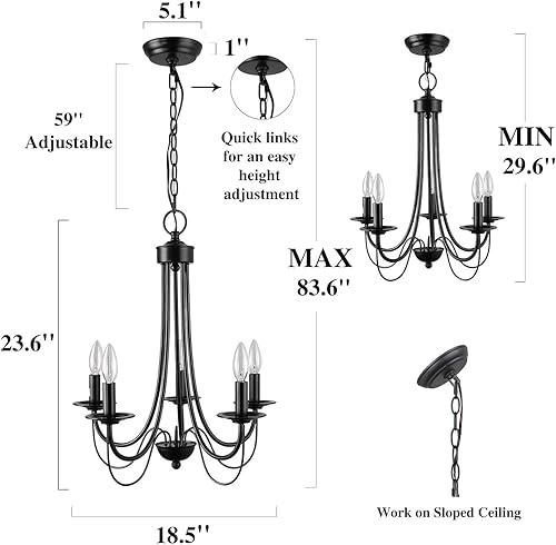 Miniatura 5 de GEPOW Lámpara de araña negra rústica con 5 luces con brazos de 2 capas para comedor, dormitorio, sala de estar y vestíbulo