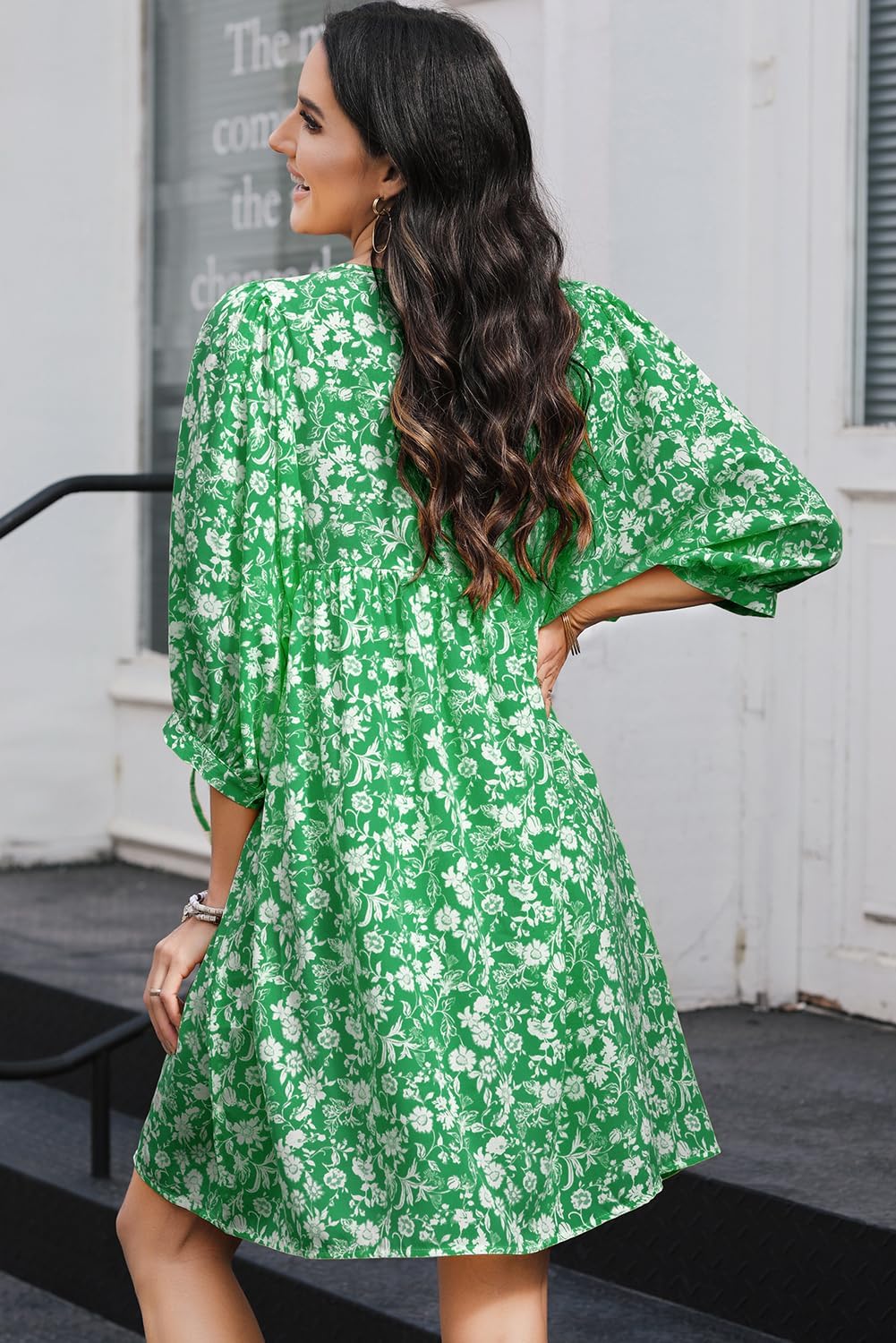 Dokotoo Womens Summer Dresses 2025 Boho Floral Drawstring V Neck Chiffon Lantern Sleeve Beach Vacation Mini Dress Sundress - Image 4