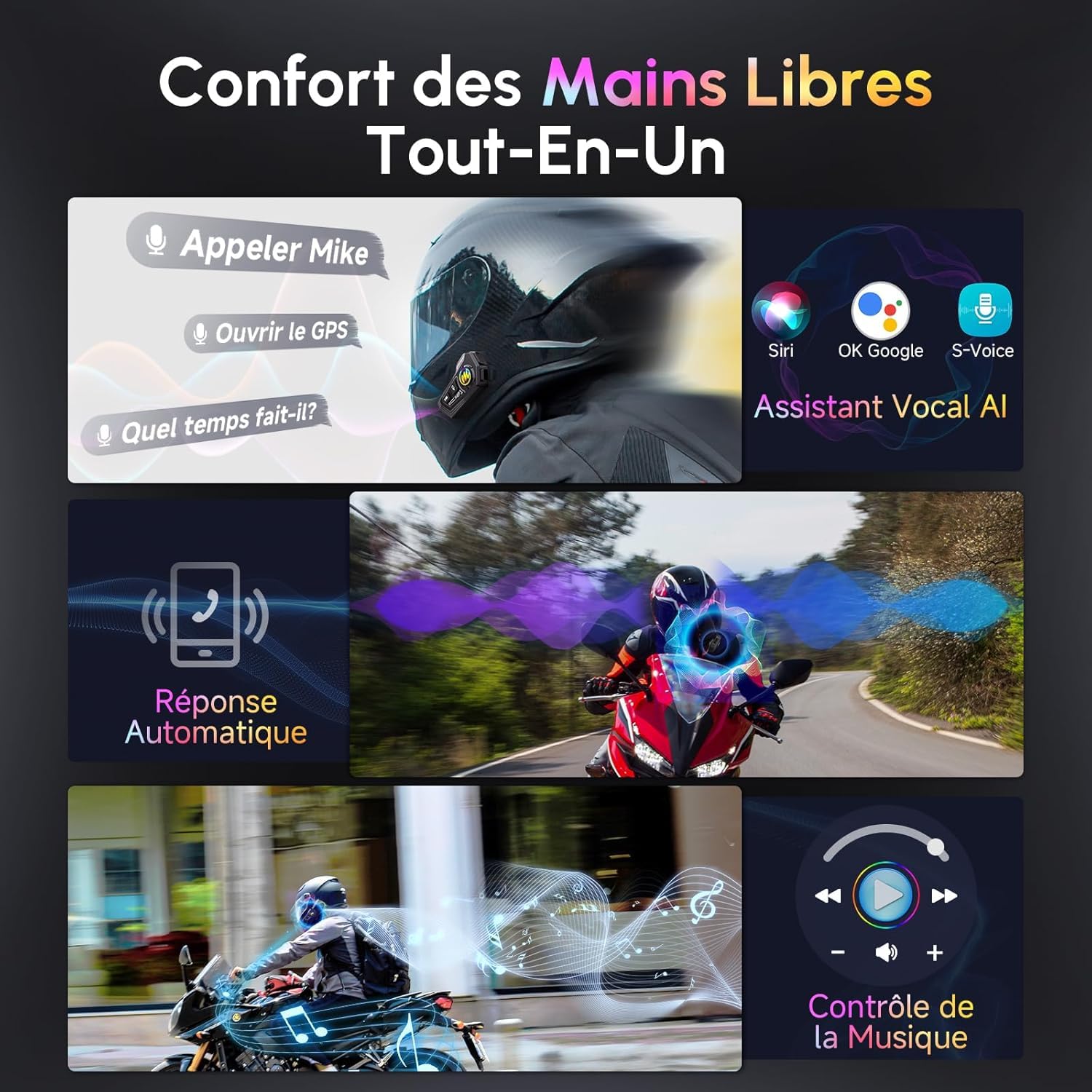 Moman Motorrad Helm Headset BT5.1 avec Haut-parleurs Hi-FI, Double réduction du Bruit, RVB, FM, Mains Libres, Commande vocale AI, pour conducteur Unique, Étanche IPX6