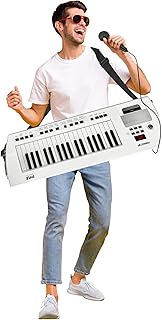 Pyle, Portable Digital Electronic Keyboard Piano 37 Keys with Microphone & Carry Strap, Built-in Sustain Controller, Rechargeable Battery-Karaoke Keyboard Compact Musical Keytar White
