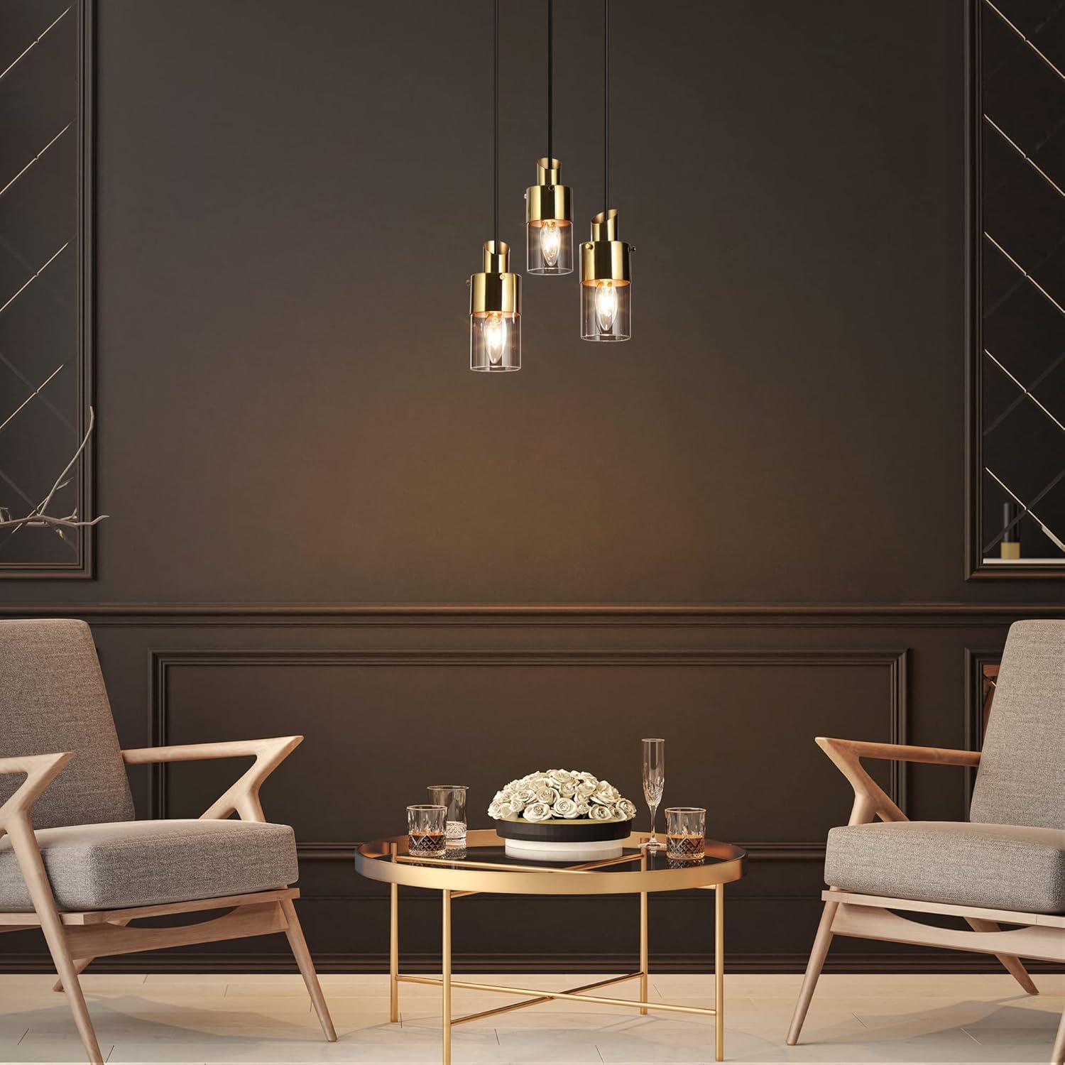 ZEVNI 3 Lights Kitchen Island Lighting, Gold Pendant Light Fixtures with Glass Shade, Dining Room Chandeliers, Adjustable Height Modern Linear Ceiling Hanging Light for Kitchen Island