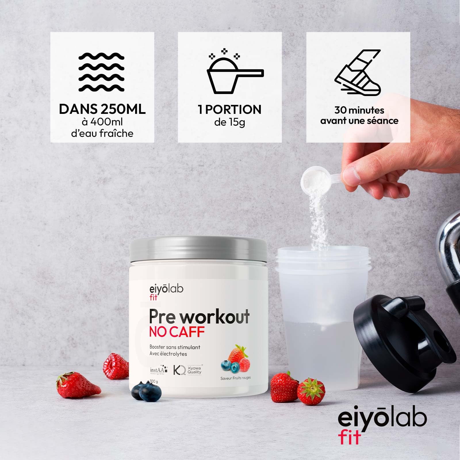 Pre Workout sans Caféine ni Créatine | Citrulline Kyowa et BCAA instantanés | Électrolytes pour Hydratation Optimale | L-Arginine + Bêta Alanine & Taurine | 300g de Poudre Fruits Rouges | Eiyolab