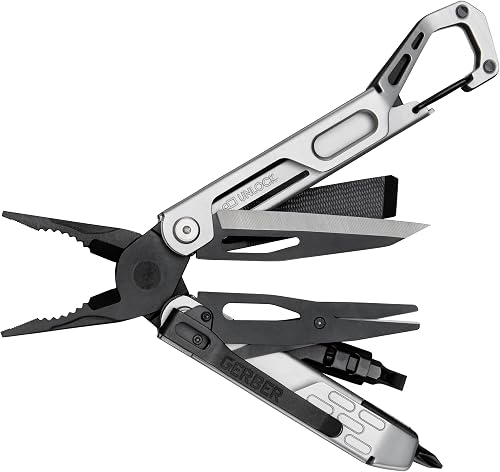 Gerber Gear Stakeout Drive - 10-in-1 Butterfly-Opening Multitool with Needlenose Pliers, Oversized Flip Bit Driver, Plain Edge Blade, Chisel, Bottle Opener, Pocket Clip & Carabiner Carry - Silver