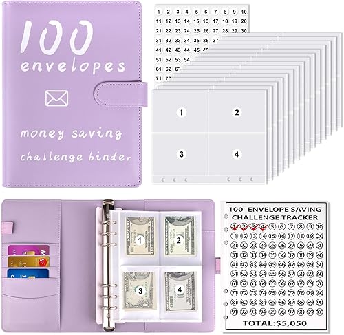Miniatura 1 de Libro de desafíos de ahorro de dinero de 100 sobres, carpeta de presupuesto y kit de ahorro de efectivo con bolsas, carpeta de emergencia familiar
