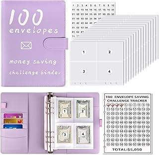 100 Envelopes Money Savings Challenge Book, Budgeting Binder and Cash Saving Kit with Pouches, Family Emergency Binder (Purple)