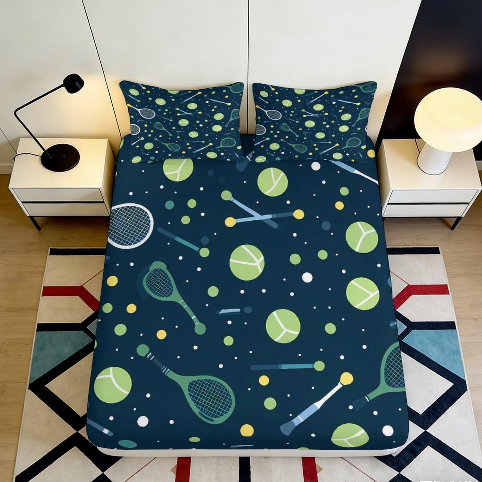 3D Printed Tennis Rackets Fitted Sheet Microfiber Soft Breathable Tennis Balls Mattress Cover for Bedroom Dormitory Guest Room Mattress Protection Decor 160x200x25cm