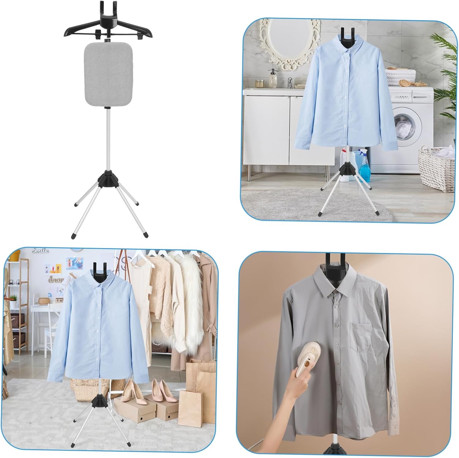 Amosfun Height Clothes Steamer Rack with Integrated Ironing Board Independent Garment Stand for Easy Ironing Stable Four Legged Design Foldable for Convenient Storage