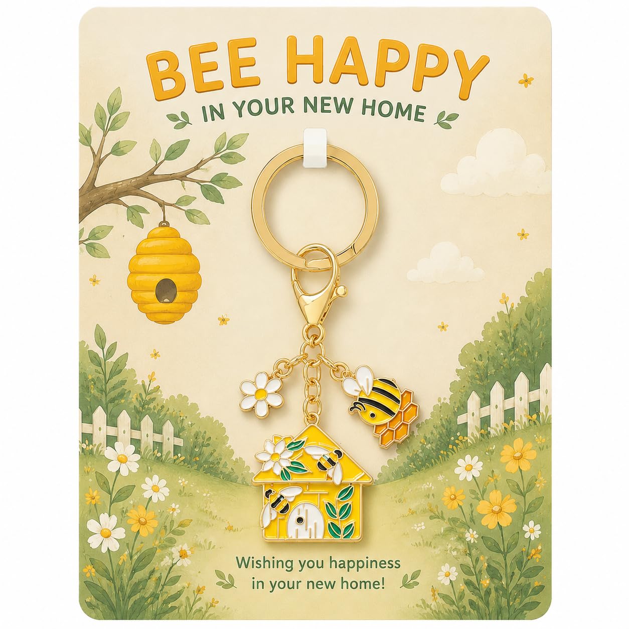 Virelle Bee Keyring for New Home with Greeting Card – Cute House Keyring & Flower Keyring Set, Housewarming Gift for Women Couple Friend, First Home Keyring for Her