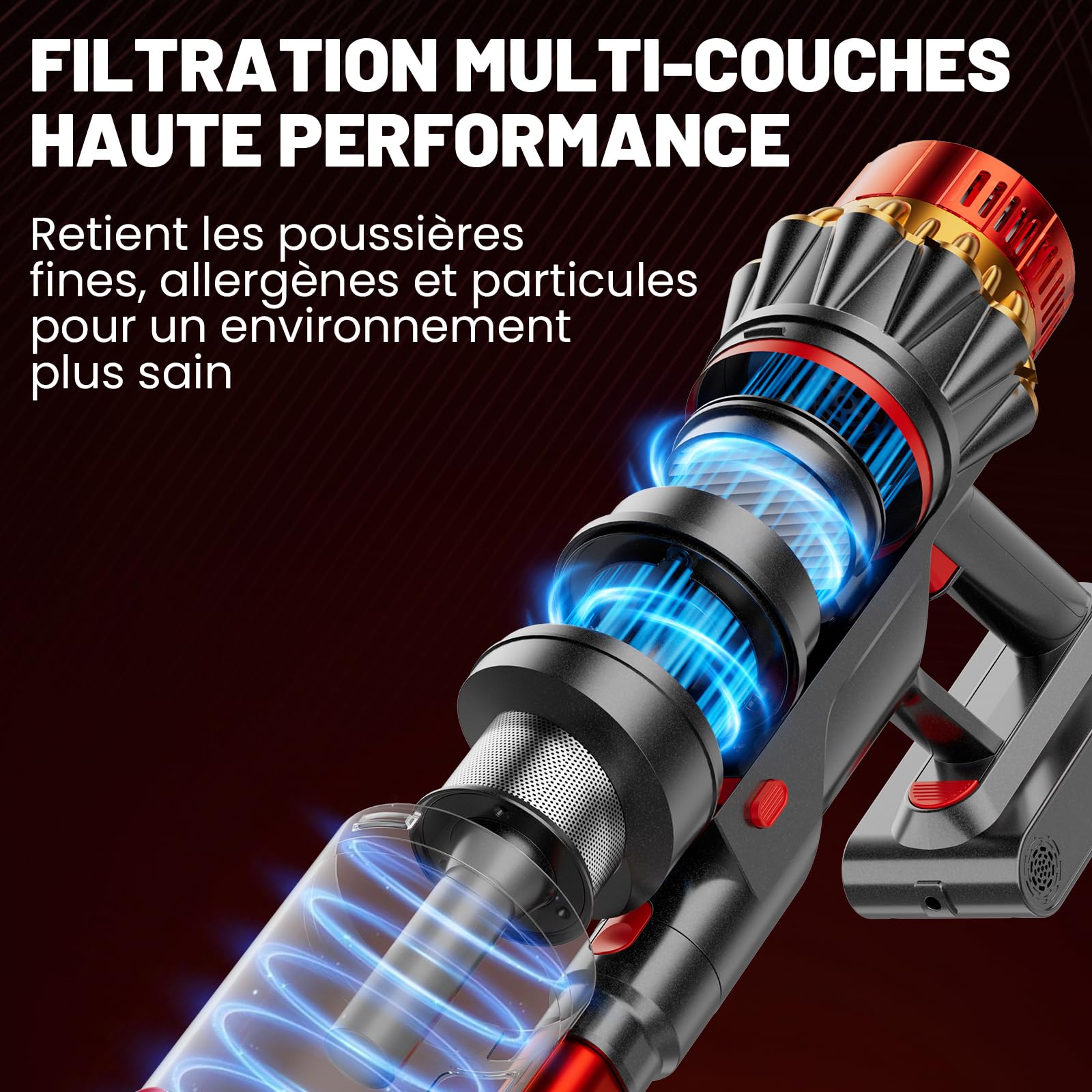 Aspirateur Balai Sans Fil 75 KPa, Autoportant avec Lumière Verte Détection Poussière, Tube Pliable Ergonomique, Écran LED Intelligent, 80 Min d’Autonomie, Anti-Enchevêtrement, Réservoir XL 1,8L
