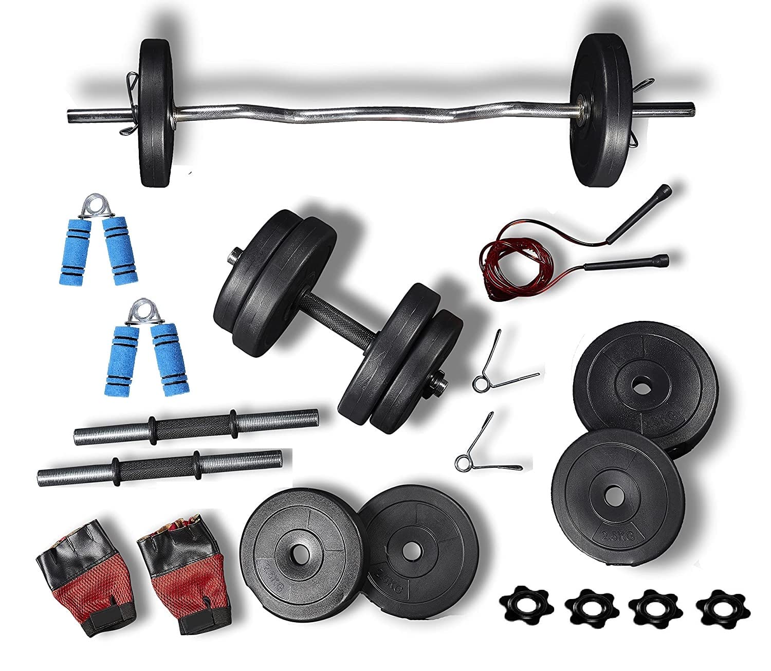 Bodyfit PVC Home Gym Set 8Kg-40kg Plate with 3 Feet Curl Rod and Dumbbells Rods with Gym Accessories for Fitness at Home; Home Workouts Dumbbells, Barbell Rod, Black (10Kg Home Gym)-image-39