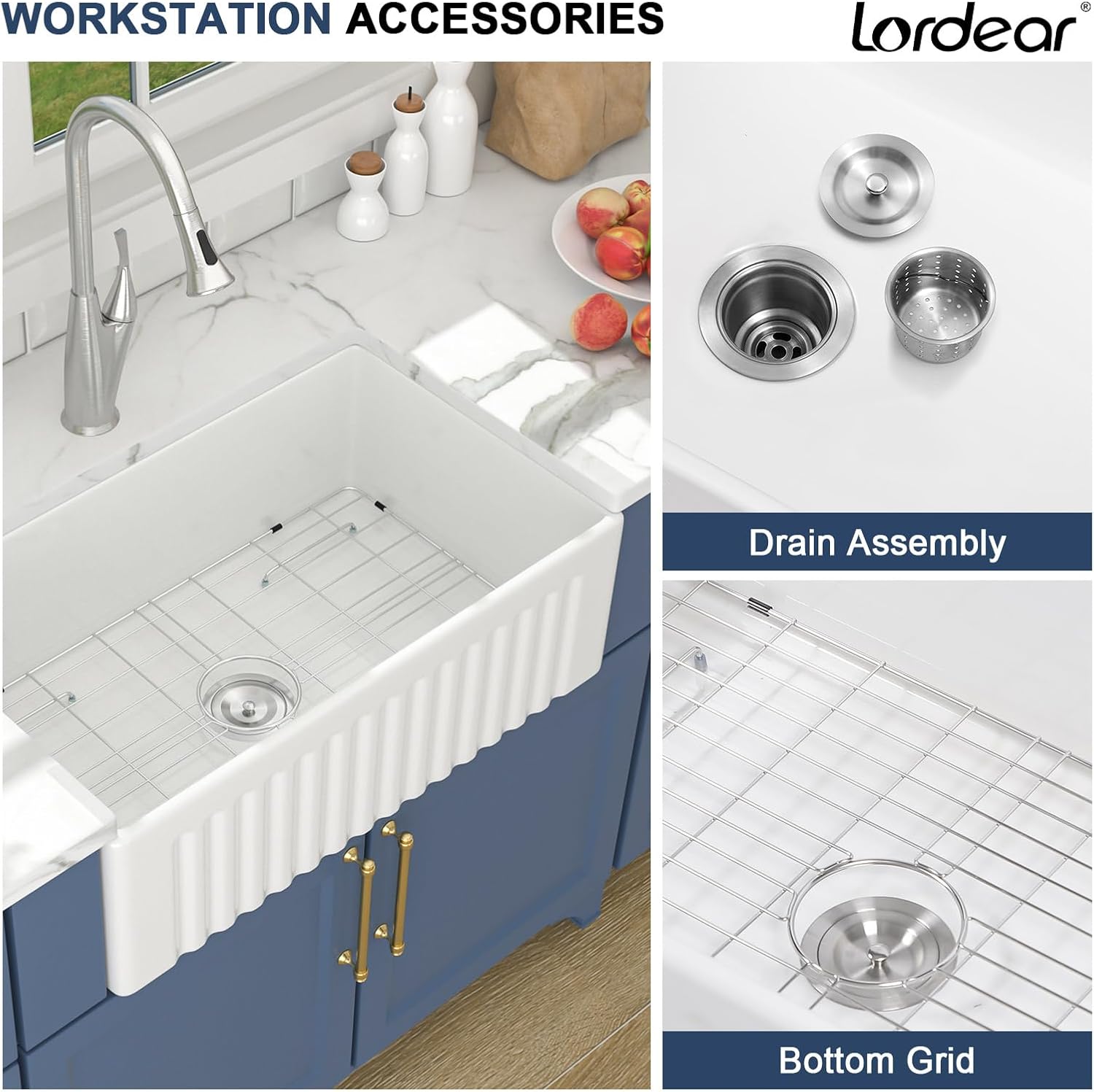 Lordear 30x18 White Farmhouse Sink - Reversible Farmhouse Fireclay Kitchen Sink 30 Inch Single Bowl Apron Front Sink 30x18x10 Inch Farm Farmer Style Glossy White Sinks