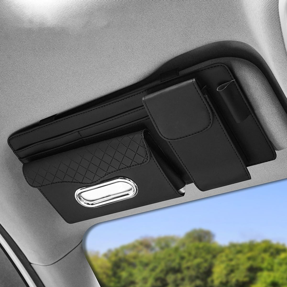 ZIMISI Leather Car Visor Organizer, Sun Visor Storage Bag, Car Tissue Holder, Multi-Pocket Document Holder, Vehicle Travel Accessories for Pen, License, Cards, Sunglasses, Tissues (Black)