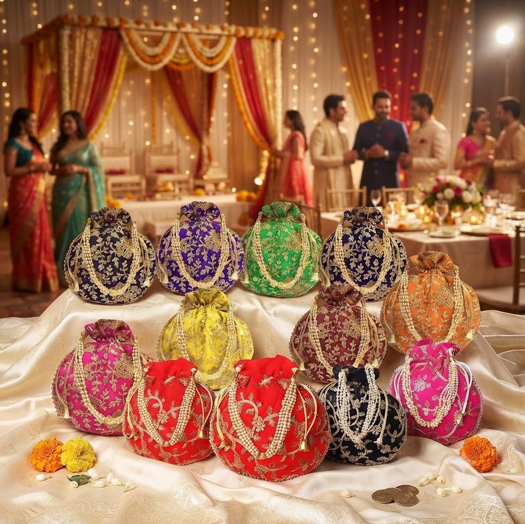Radharani Arts Women Handicrafts and jewellery Designer Silk Potli Bags or Wristlets or rajasthani batwa for Wedding & Parties, Best for gifting (5), medium size, RD041 image 2