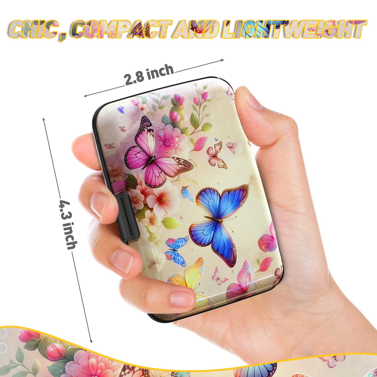 ToLuLu Porta carte di credito, mini portafoglio in alluminio piccolo RFID, blocco sottile per biglietti da visita in metallo, blocco RFID, tasca frontale, custodia rigida per uomini e donne, Farfalle