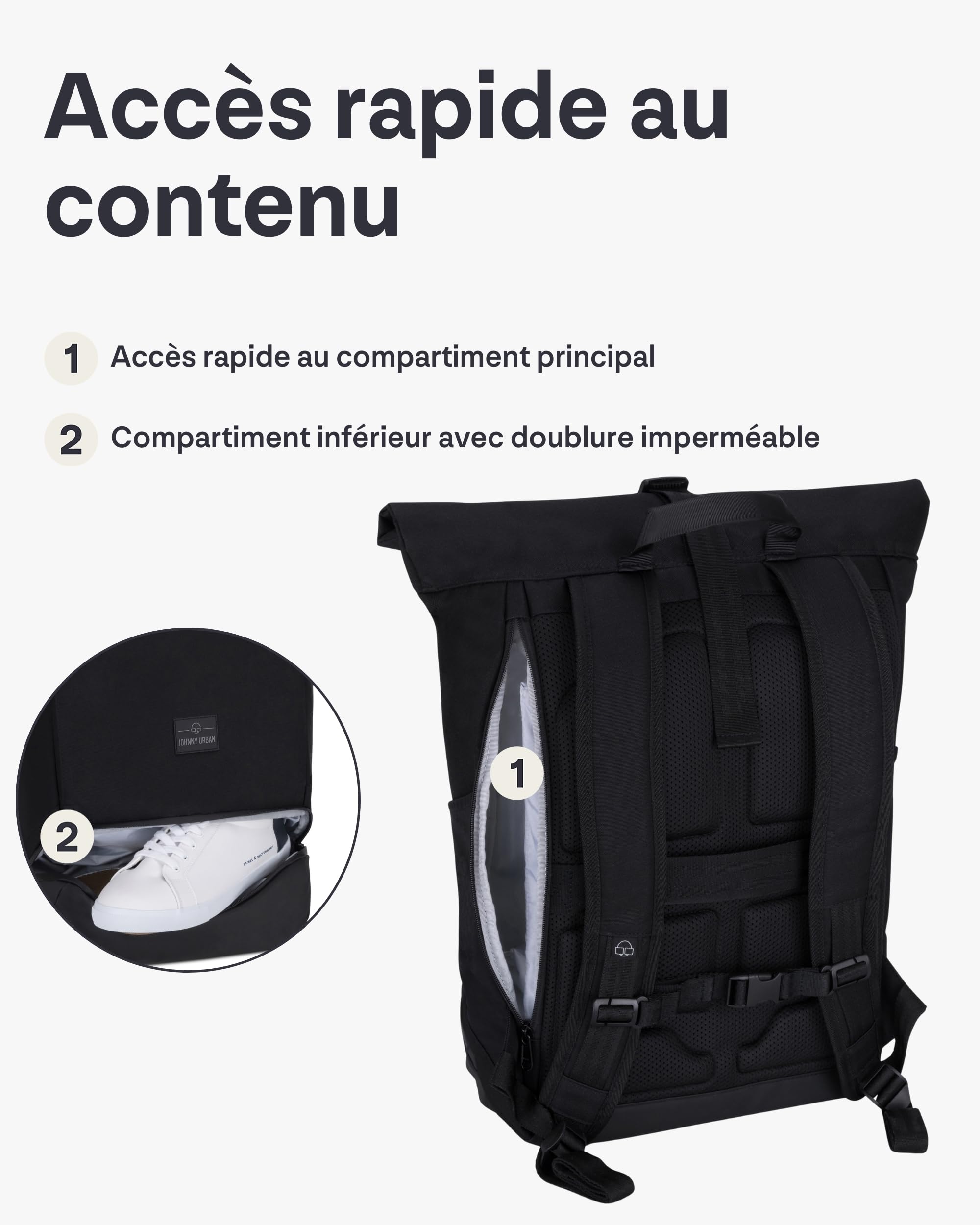 Johnny Urban Sac à Dos Roll Top Femmes & Hommes - Allen Large - Backpack antivol pour Voyage, Sport & Université - Compartiment pour Ordinateur Portable 16 pouces - Hydrofuge