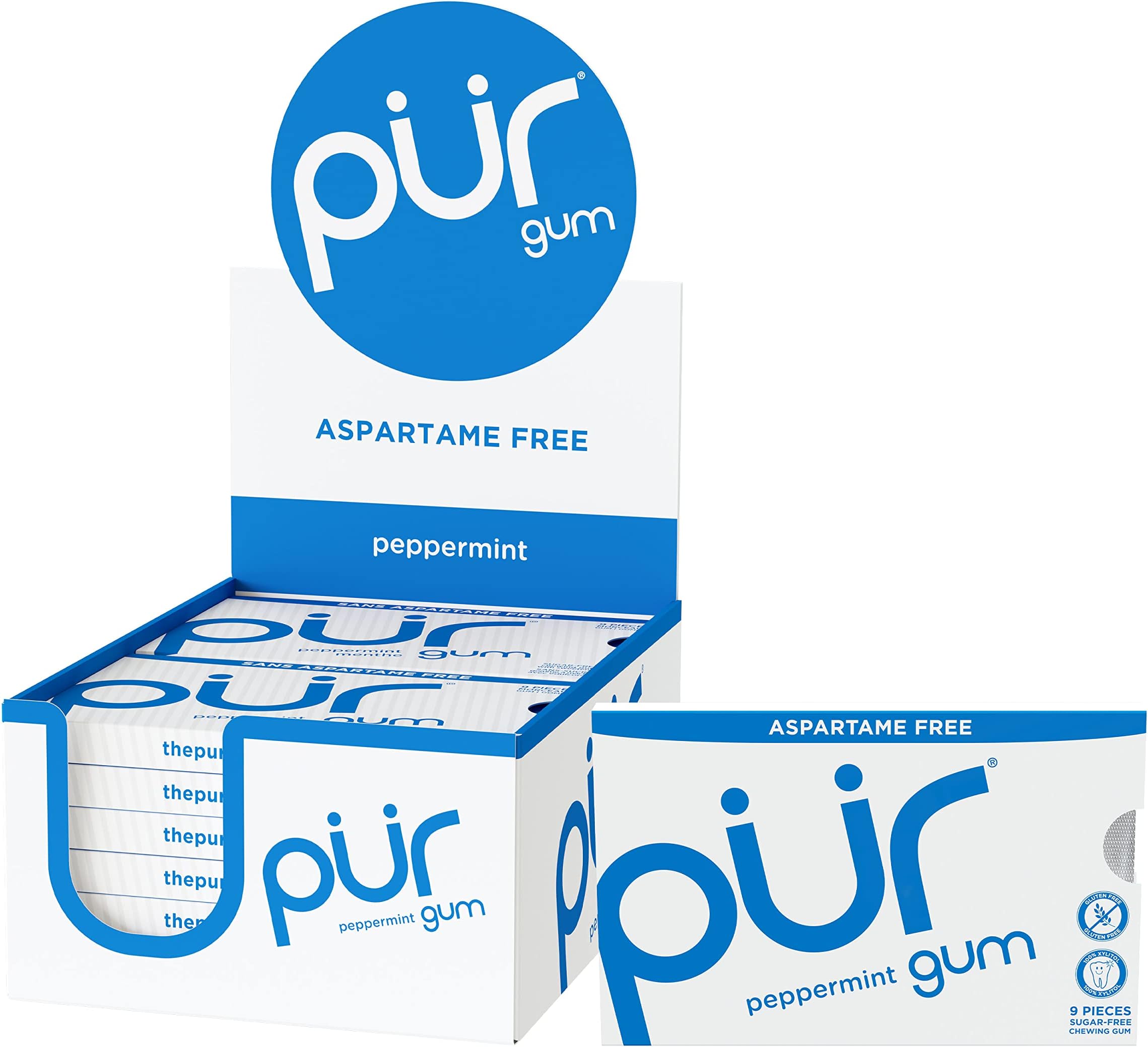 PUR Gum | Aspartame Free Chewing Gum | 100% Xylitol | Sugar Free, Vegan, Gluten Free & Keto Friendly | Natural Peppermint Flavored Gum, 9 Pieces (Pack of 12)