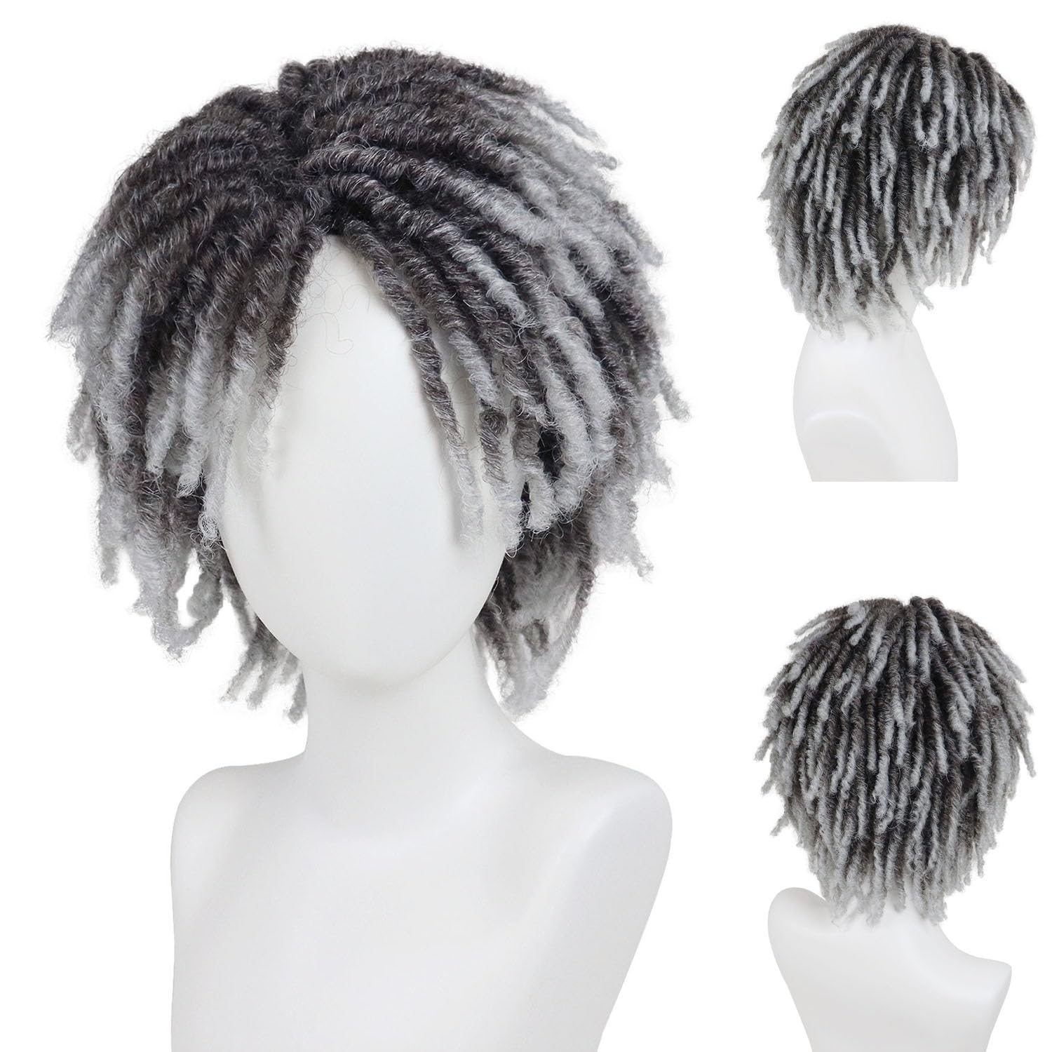GNIMEGIL Krótka Peruka Dreadlock mężczyzna ombré-szara realistyczny Twist Rasta Cosplay kostium impreza