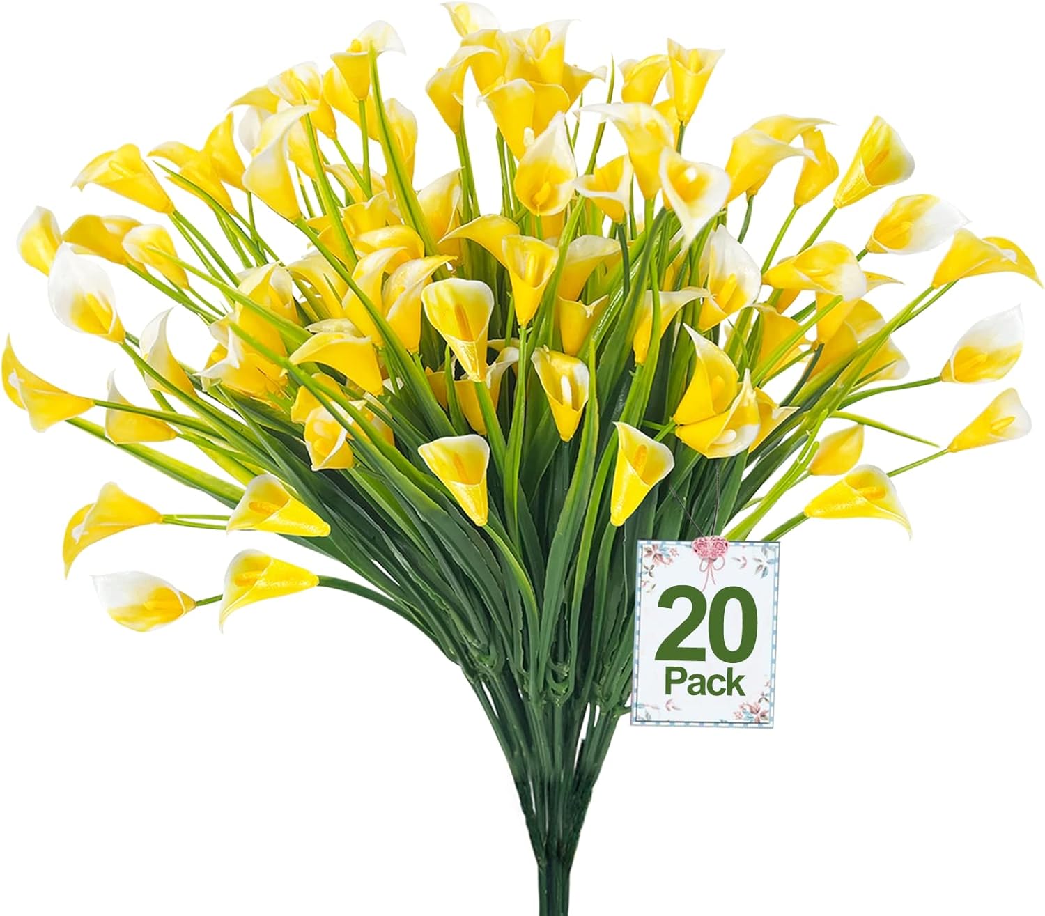 TURNMEON 20 Bundles Calla Lily (400 Heads) Outdoor Faux Plants, Artificial Flowers for Outdoors UV Resistant Plastic Fake Cemetery Flowers for Grave Planter Home Porch Gardens Spring Decor(Yellow)
