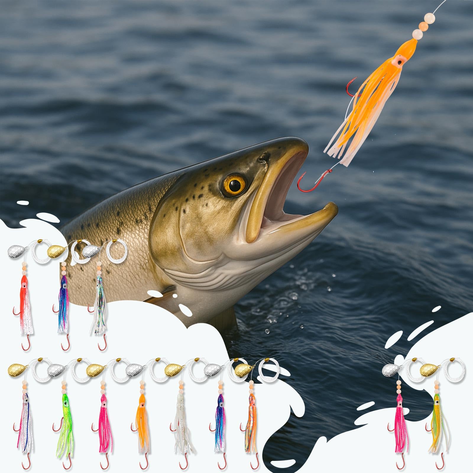 Glow Fresh Water Kokanee Lachs Schleppköder mit vormontierten Octopus-Haken – Spinnklingen, synthetische Röcke, Kokanee Hoochies zum Lachsangeln
