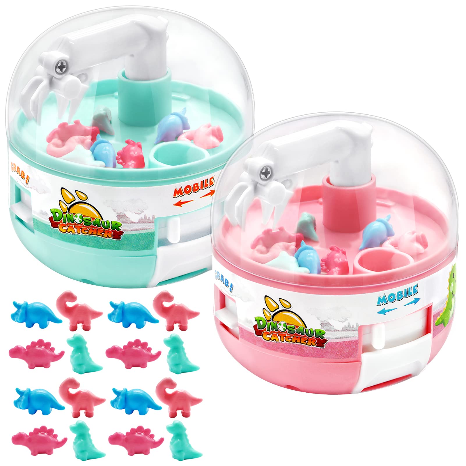 Mini Claw Arcade Machine, 2 Pcs Mini Dinosaur Toy Grabber Machine for Kids, Manual Portable Grabber Animals Prize Dispenser Vending Machine Toy for Boys Girls Christmas Birthday Party Gifts