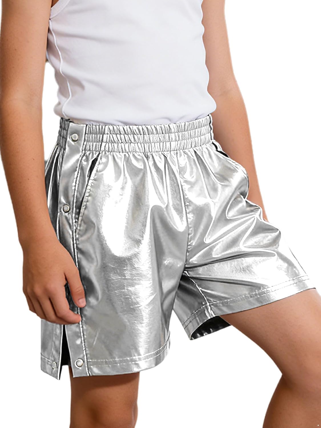 TTAO Boys Girls Kids Metallic Shorts Sparkly Shiny Rave Dance Hot Pants Side Button Jazz Hip Hop Dance Bottoms