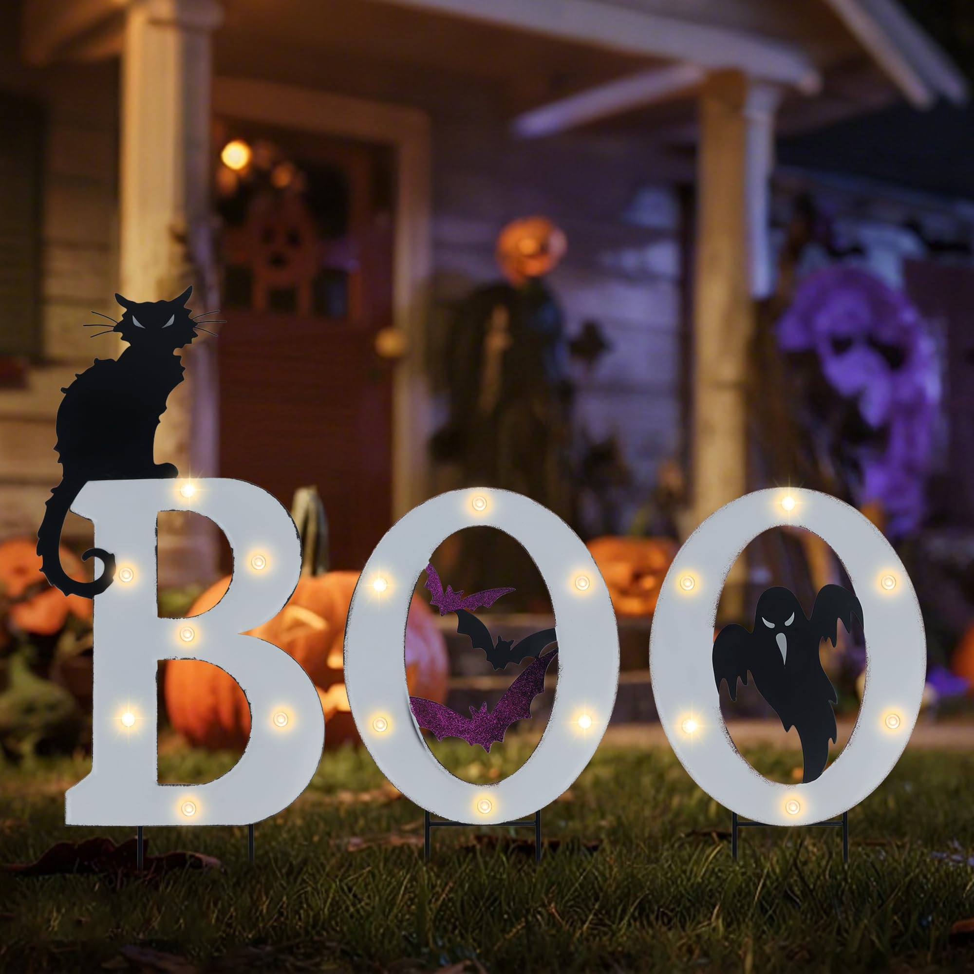 Décoration d'Halloween d'extérieur lumineuse avec lettres Boo solaires pour allée