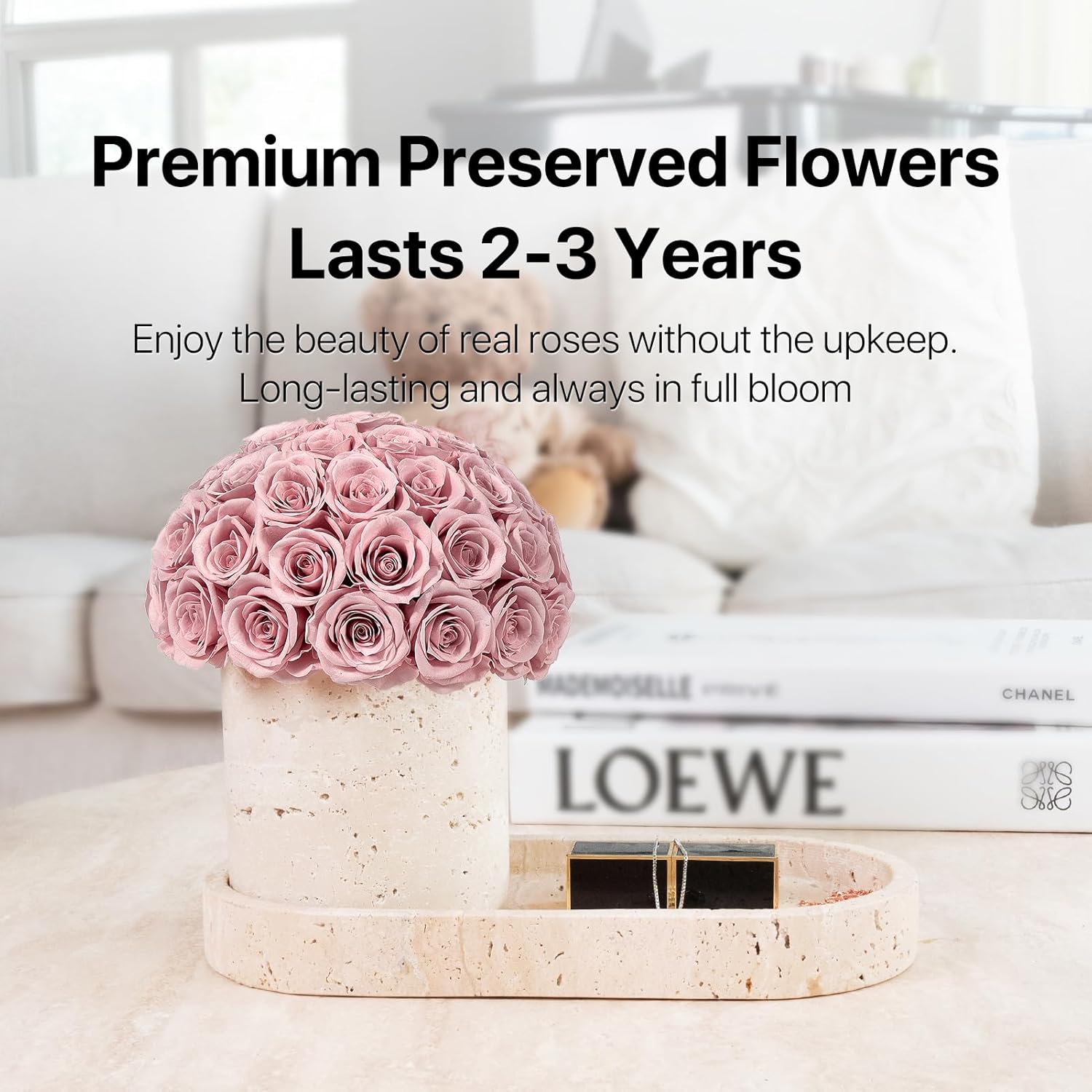 JoyFlower Preserved Flowers Vase, Yellow Travertine Flower Vases & Travertine Tray, Eternal Flower Decorations for Party Home Living Room Bedroom Coffee Table, Decorative Flower Vase House Decor(Pink) - Image 3