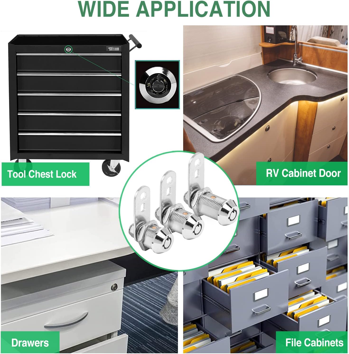 10 Pack Tool Box Lock with Keys, 5/8" Cabinet Lock Cam Lock Keyed Alike, Toolbox Lock Replacement Lock for Mailbox RV Storage Door with Manual, Zinc Alloy (10Pack，5/8 Inch)