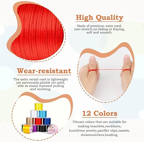 Miniatura 5 de Cridoz 12 rollos de cuerda de nailon para pulseras, cordón de seda de cola de rata de satén para Kumihimo, pulseras trenzadas, collares colgantes,