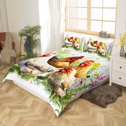 Miniatura 9 de Funda de edredón de gallo para niños y niñas, colorido juego de ropa de cama de pollo tamaño individual, funda de edredón de flores botánicas de