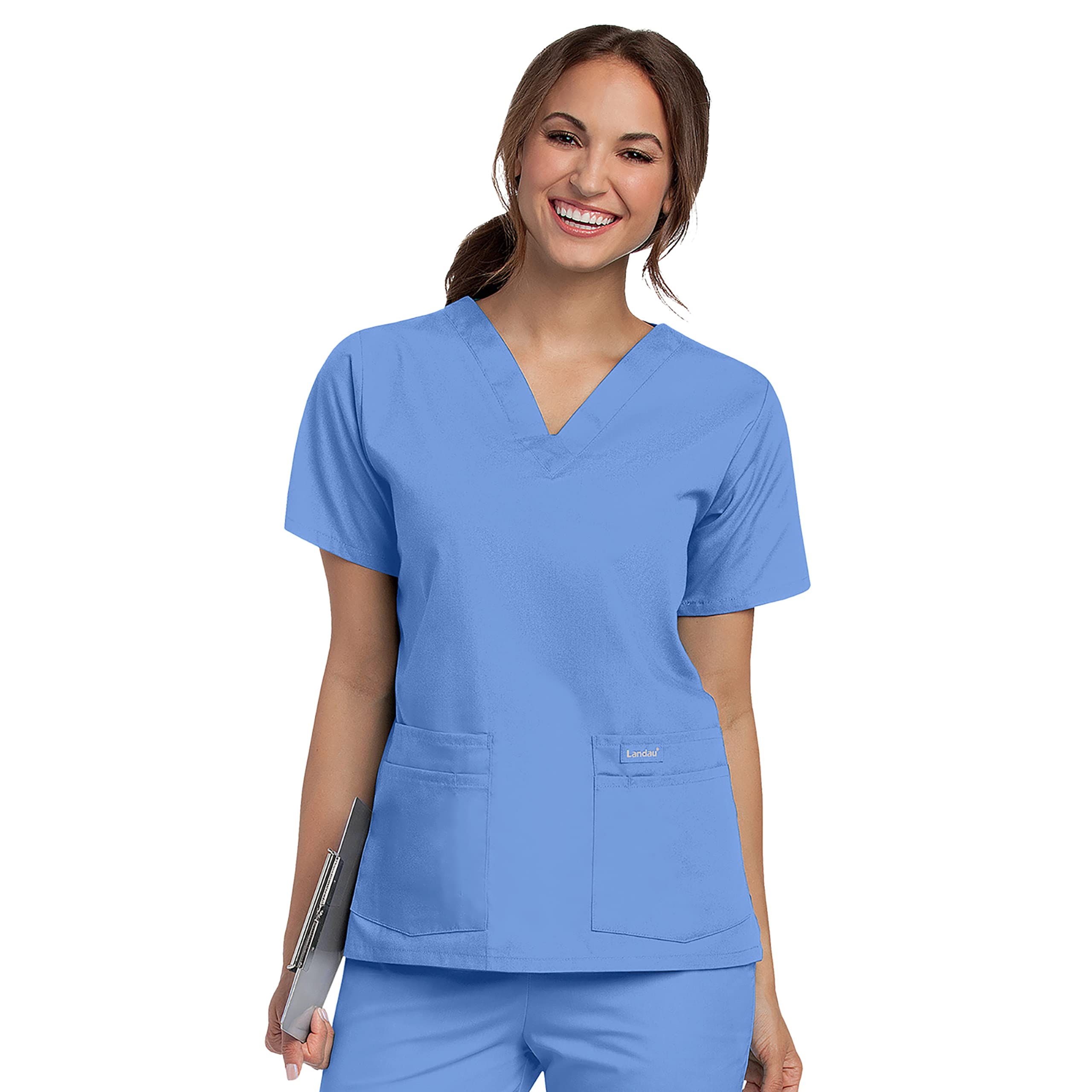 Landau Essentials Relaxed Fit 4-Pocket V-Neck Scrub Top for Women 8219