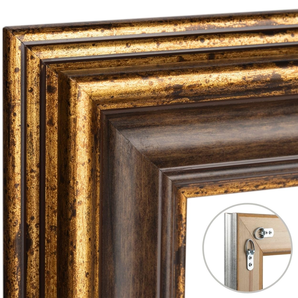 CLAMARO Genua Bilderrahmen Antik Massivholz, 76 mm, Braun Gold, 100x140 cm | aus Fichtenholz, handgefertigt in Wunschmaß, inkl. Acrylglas, HDF-Rückwand und Metall-Aufhänger, für Hoch- und Querformat