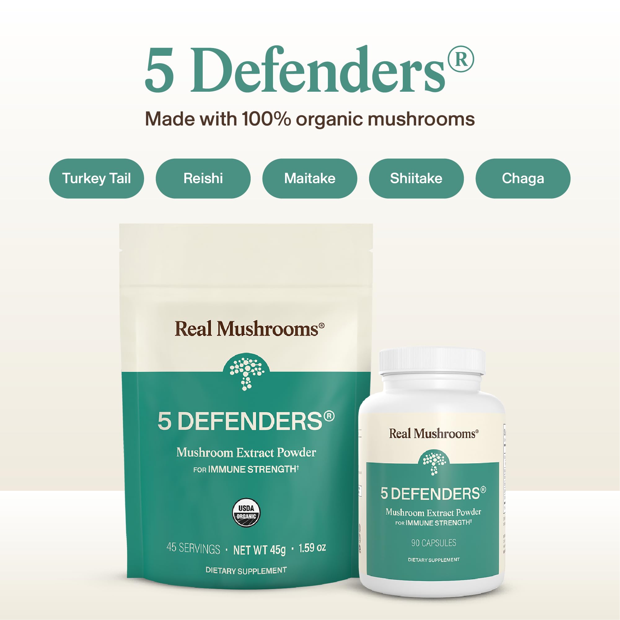 Real Mushrooms 5 Defenders Mushroom Complex 90ct | Wellness Support Chaga Reishi Turkey Tail Maitake and Shiitake Beta Glucan Rich Mushroom Complex product thumbnail 3