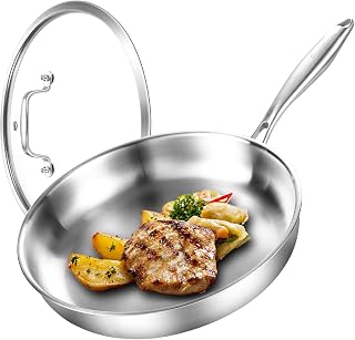 Three-layer stainless steel frying pan with lid 24 cm, fast uniform heat, energy saving, 24 cm induction pan, stainless steel frying pan for steak, egg etc. Oven Safe