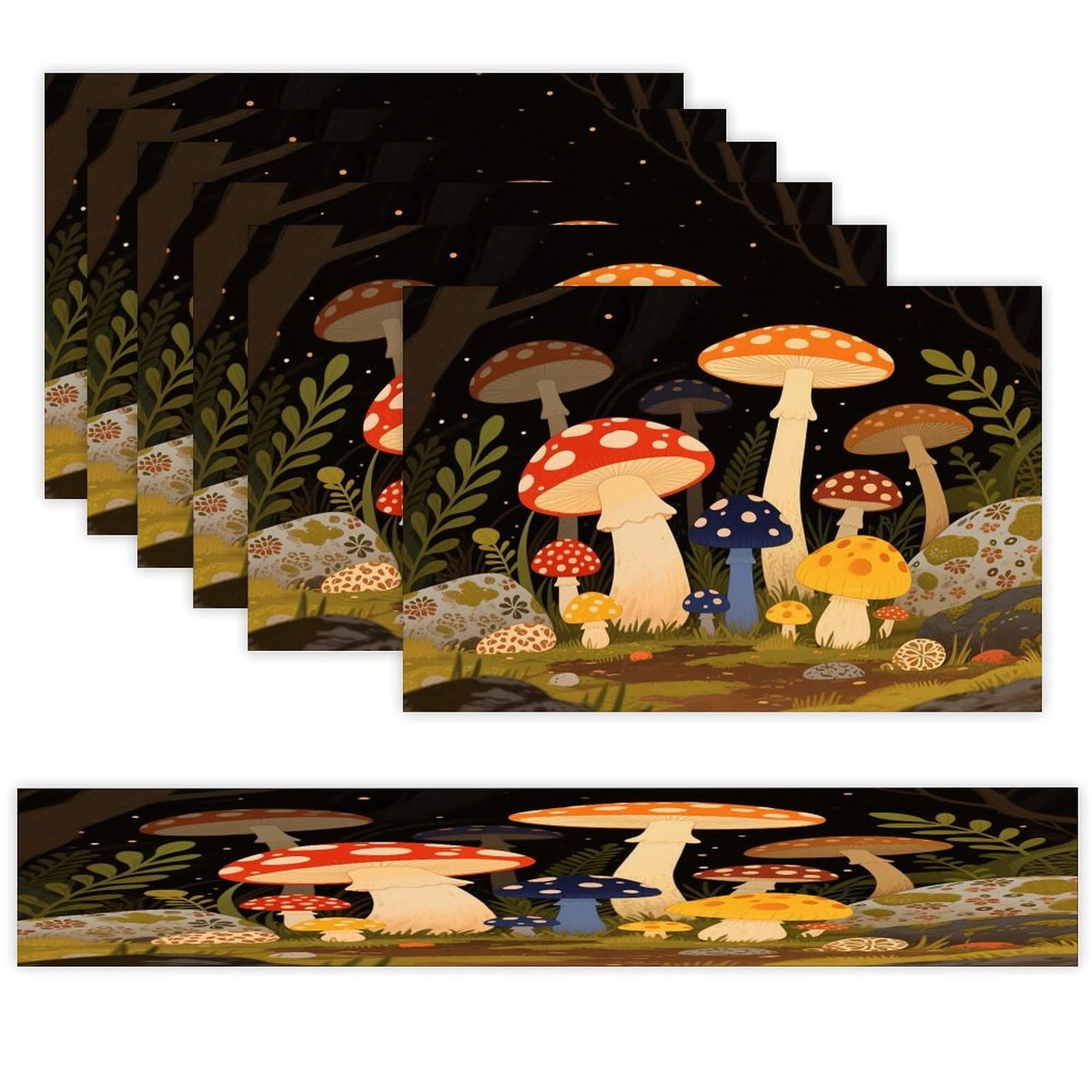 Vintage Mushrooms Table Runner and Placemats Set of 7 Linen Table Mat Non-Slip Place Mats Washable Placemat Heat Resistant Place Mat with Table Runner for Party Dining Decor