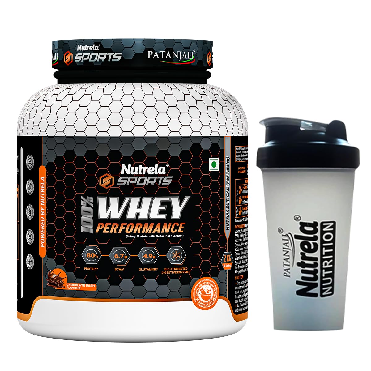 NUTRELA Sports Patanjali Whey Protein 2kg with Shaker | Concentrate + Isolate | 24g Protein Per Scoop | 6.7g BCAA, 4.9g Glutamine with Digestive Enzymes for quick absorption & easy digestion | Muscle - Building & Recovery | 100% Vegetarian | Irish Chocolate