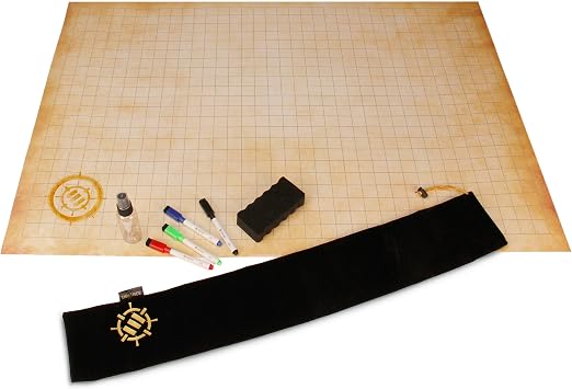 ENHANCE RPG Grid Mat - Tabletop DND Map 24x36 inch Role Playing Dry Erase DND Mat Complete Gaming Set for Masters and Starters, Erasable Parchment Battle Grid Game Mat with Travel Pouch, Marker Kit