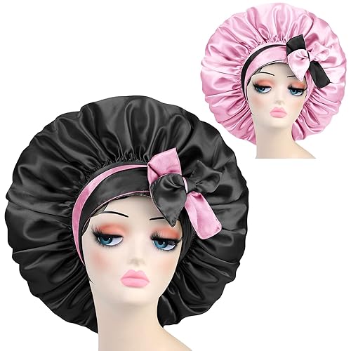 Gorro de seda satinada para el cabello extra grande, tamaño jumbo, ajustable, doble capa, reversible, con forro de satén, gorro de noche para mujer,