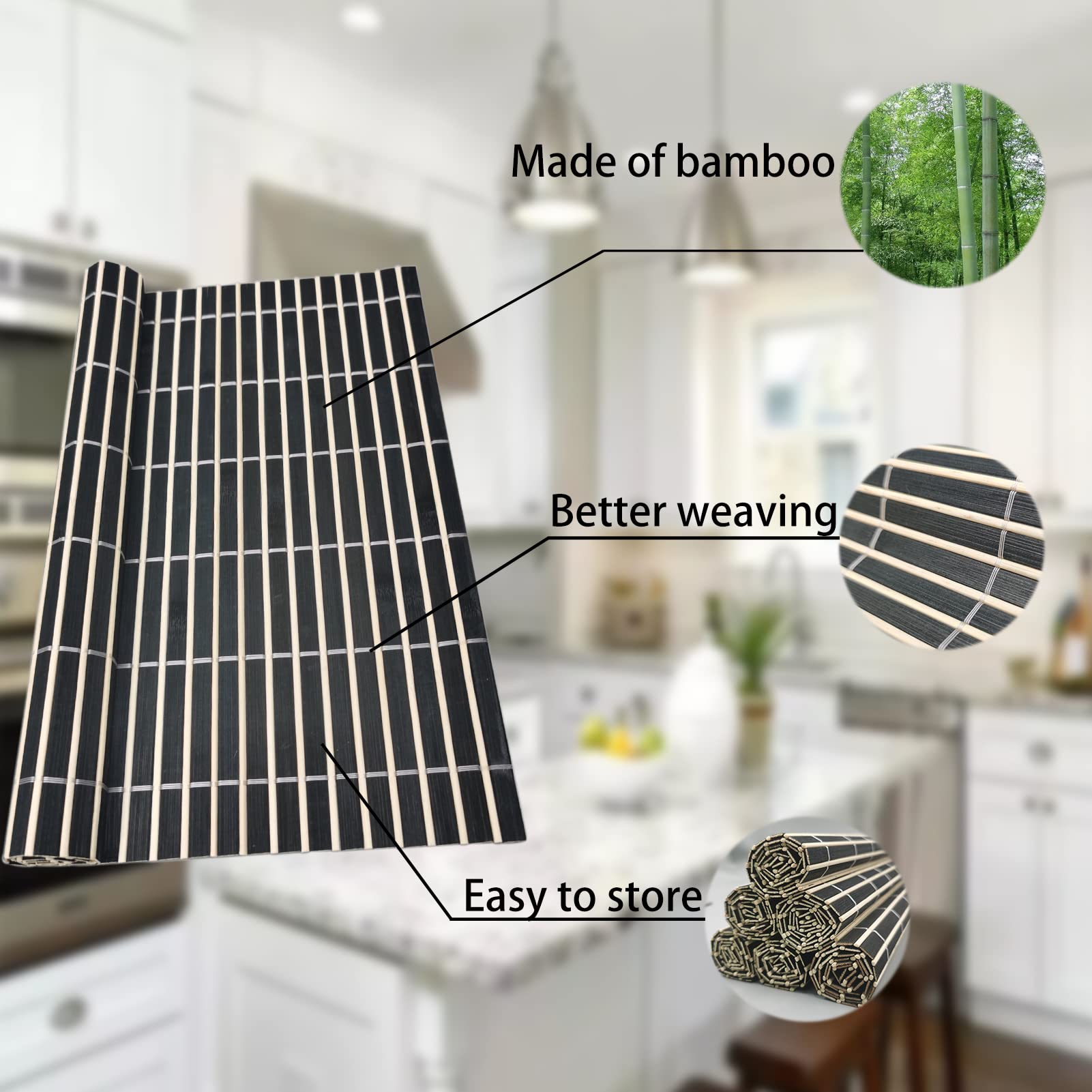 ANDSTAR Set of 8 Pcs Bamboo Placemats Natural Anti-Slip Bamboo Placemats Washable Heat-Resistant Table Mats for Dining Room and Kitchen (Black)