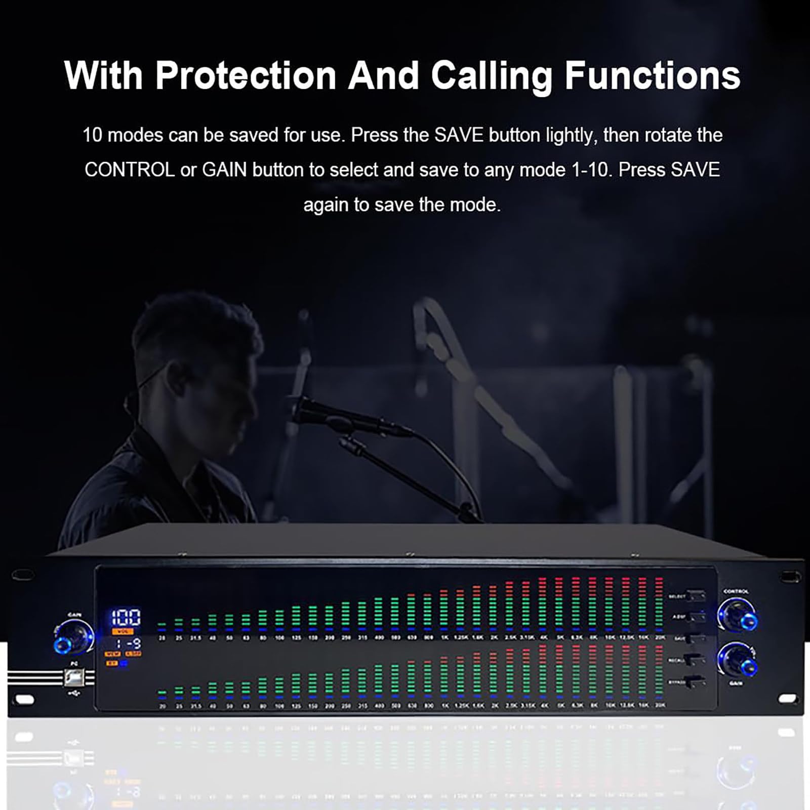 Ecualizador GráFico Profesional, Ecualizador De Audio Digital, Dos Pantallas De Espectro De 31 Bandas, Con 10 Efectos Preestablecidos + Graves/Medios/Agudos, Para Presentaciones En El Escenario