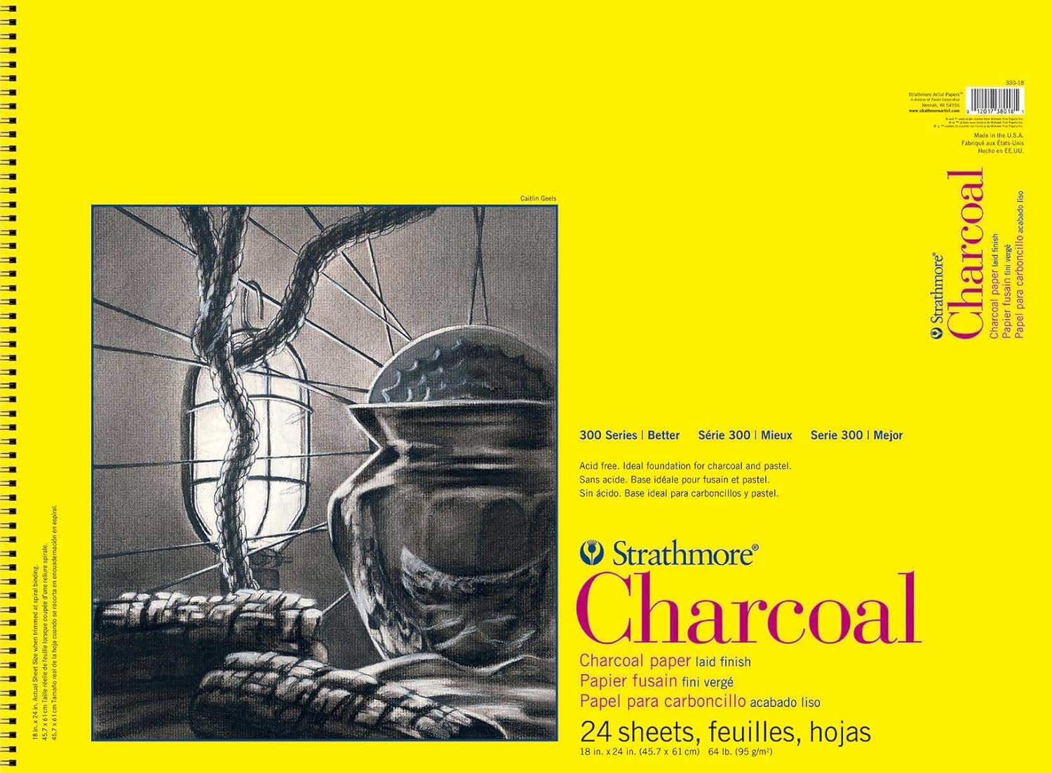 strathmore 300 series charcoal paper pad, top wire bound, 18x24 inches, 24 sheets (64lb/95g) - artist paper for adults and students - charcoal and pastel 18x24 wire binding