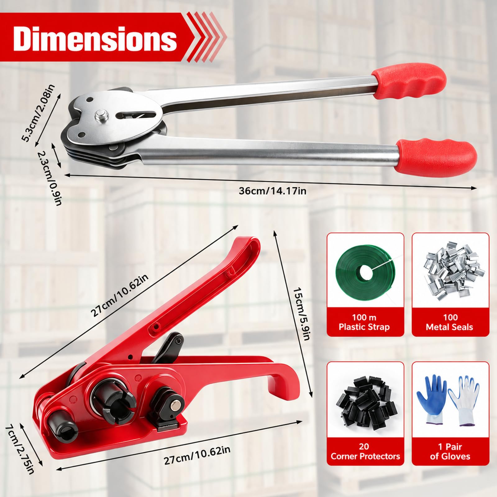 Set di reggiatura manuale con nastro in PET da 100 m, 100 clip, 20 paraspigoli, guanti, tenditori, per imballaggi in plastica PP/PET da 12-19 mm