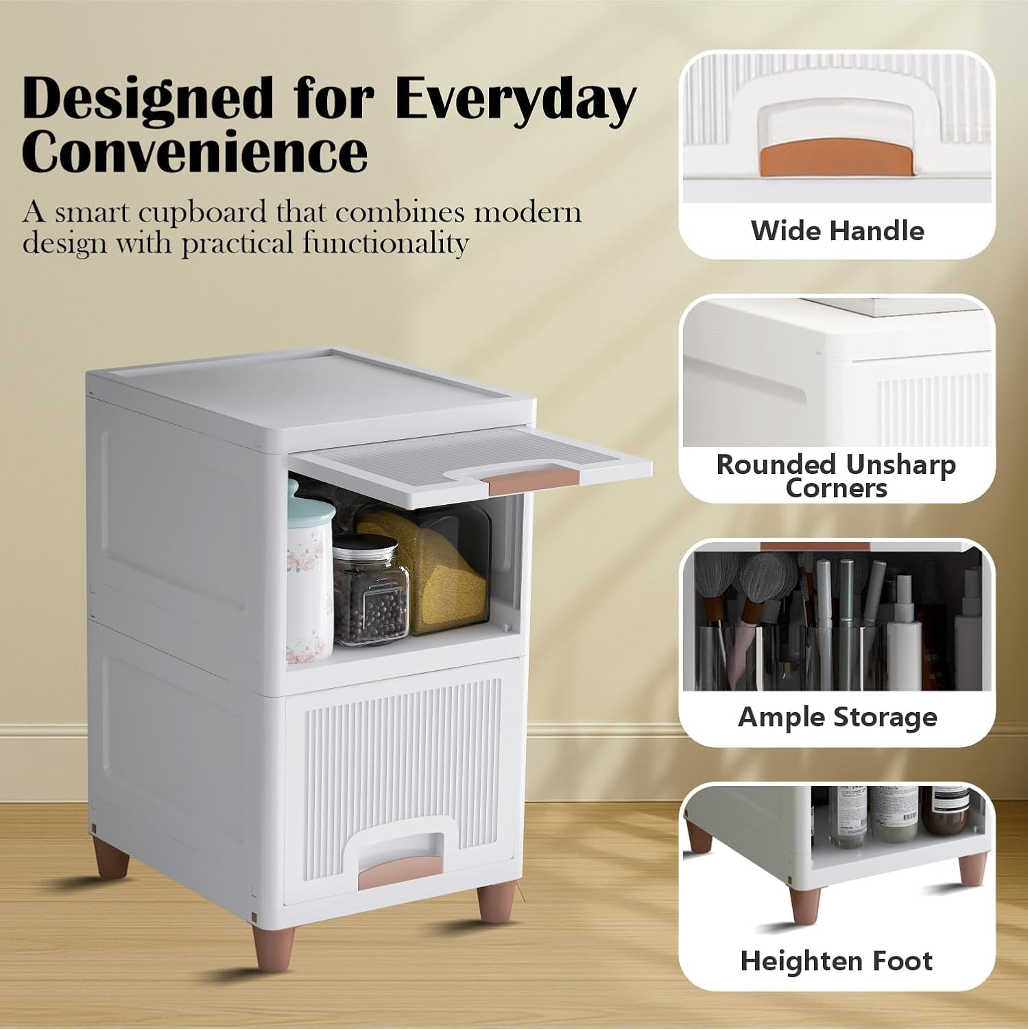 ALCY Storage Cabinet with Open Shelves and Drawer, White, Stackable Vertical Organizer for Clothes and Linens (2XL) 1