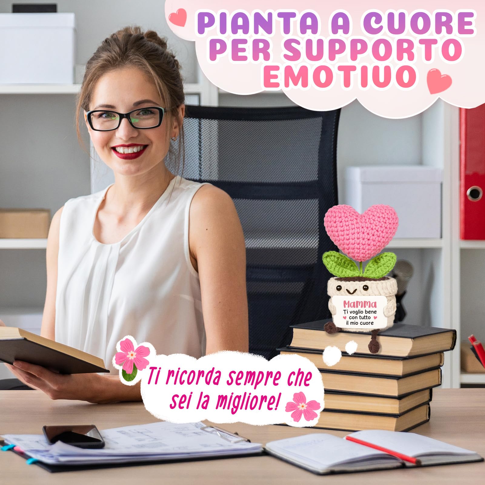 Regalo Mamma, Regalo Mamma Compleanno - Cuore Fiore all’Uncinetto di Supporto Emotivo, Idee Regali Mammina Natale