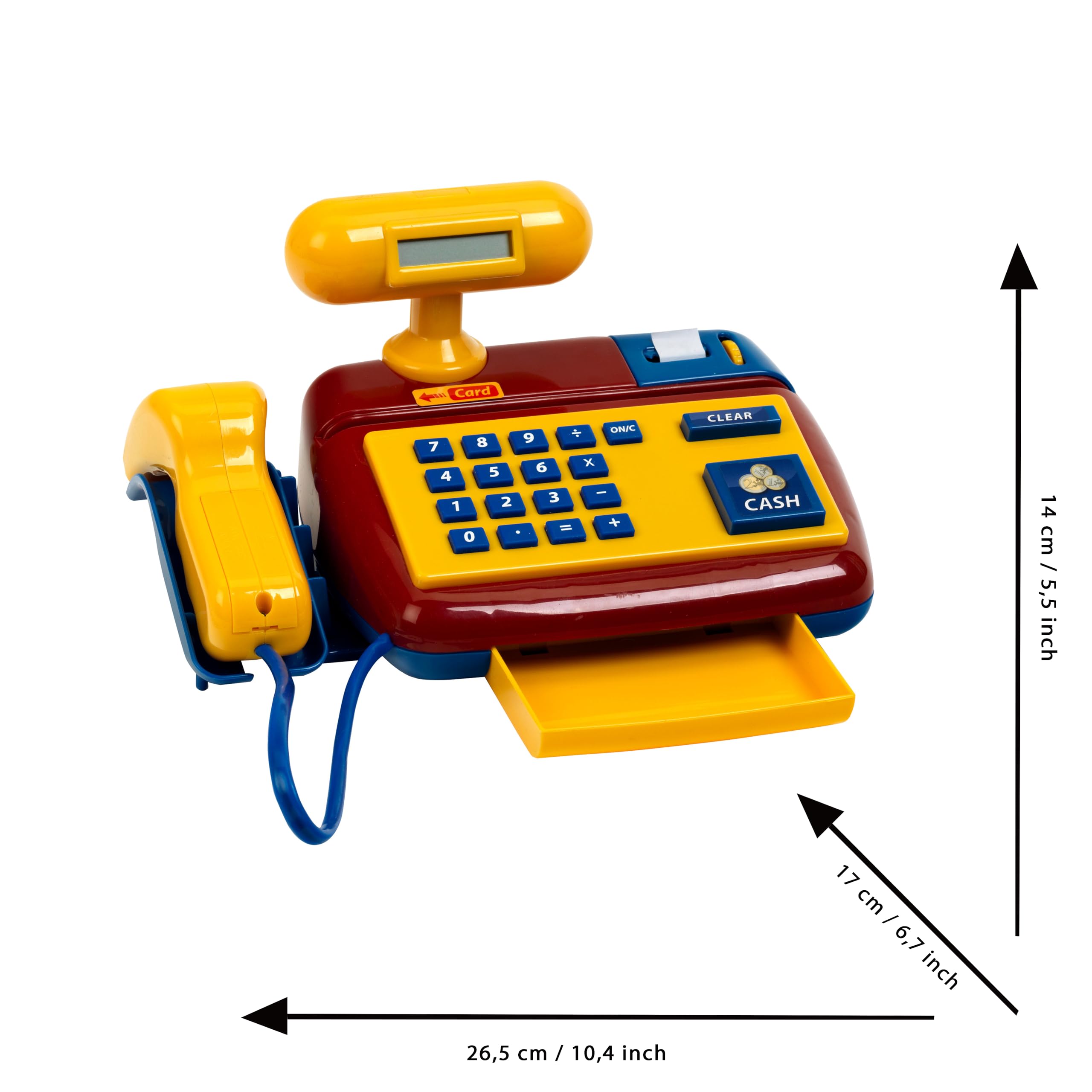 Theo Klein 9330 Registratore di Cassa elettronico, Registratore di Cassa con Scanner, calcolatrice, Suono, Include Soldi per Giocare, 26,5 cm x 17 cm x 14 cm, Giocattoli per Bambini dai 3 Anni in su